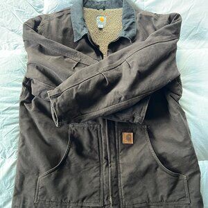 Vintage Carhartt heavyweight men's XL Duck Sherpa Lined Chore Coat in brown